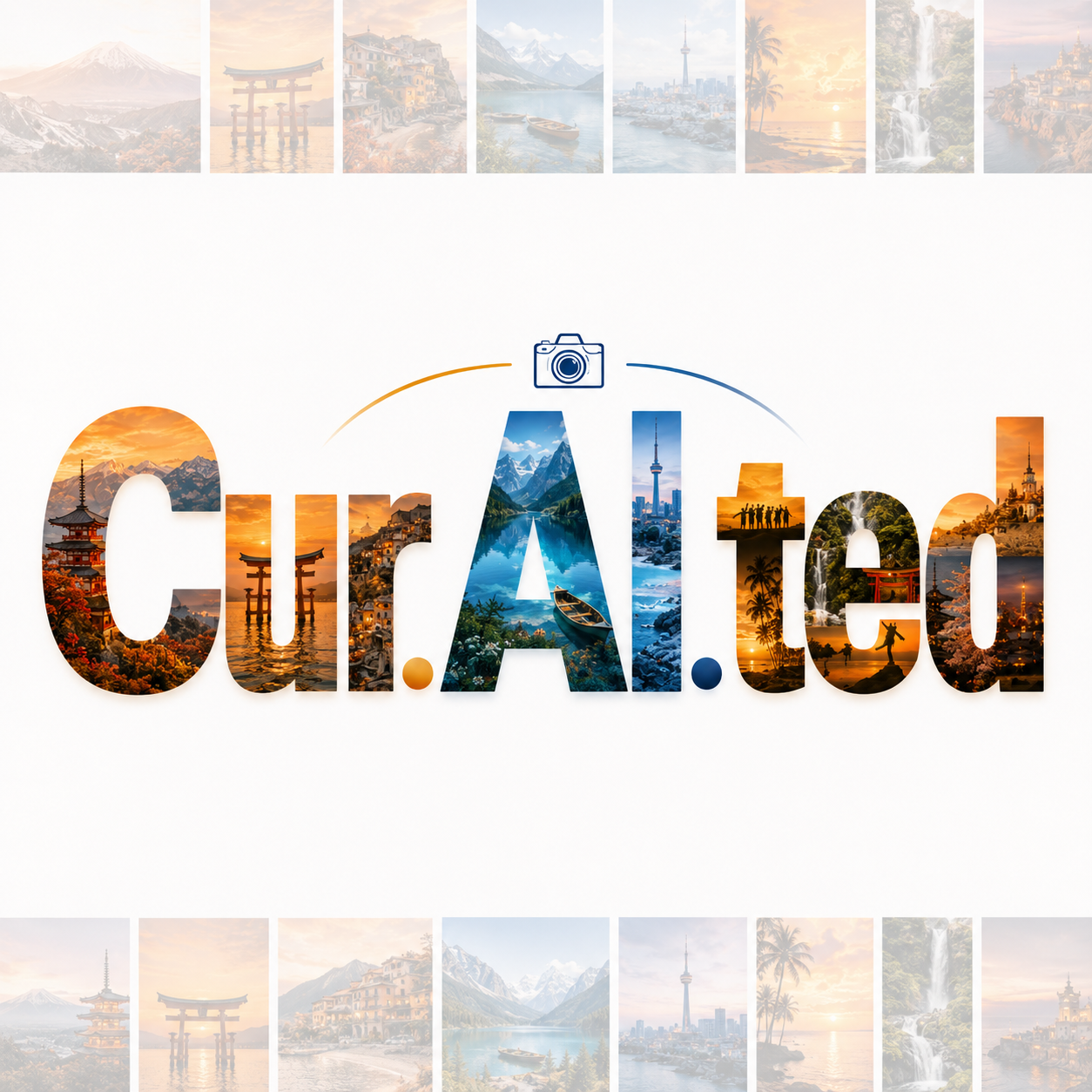 Cur.AI.ted photographic logo in blue and gold